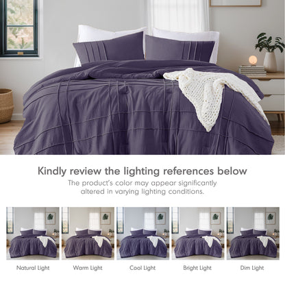 Boho Pintuck Stitching Dorm Bedding Set, Soft Washed Pleated Bed Sets with Pillow Sham
