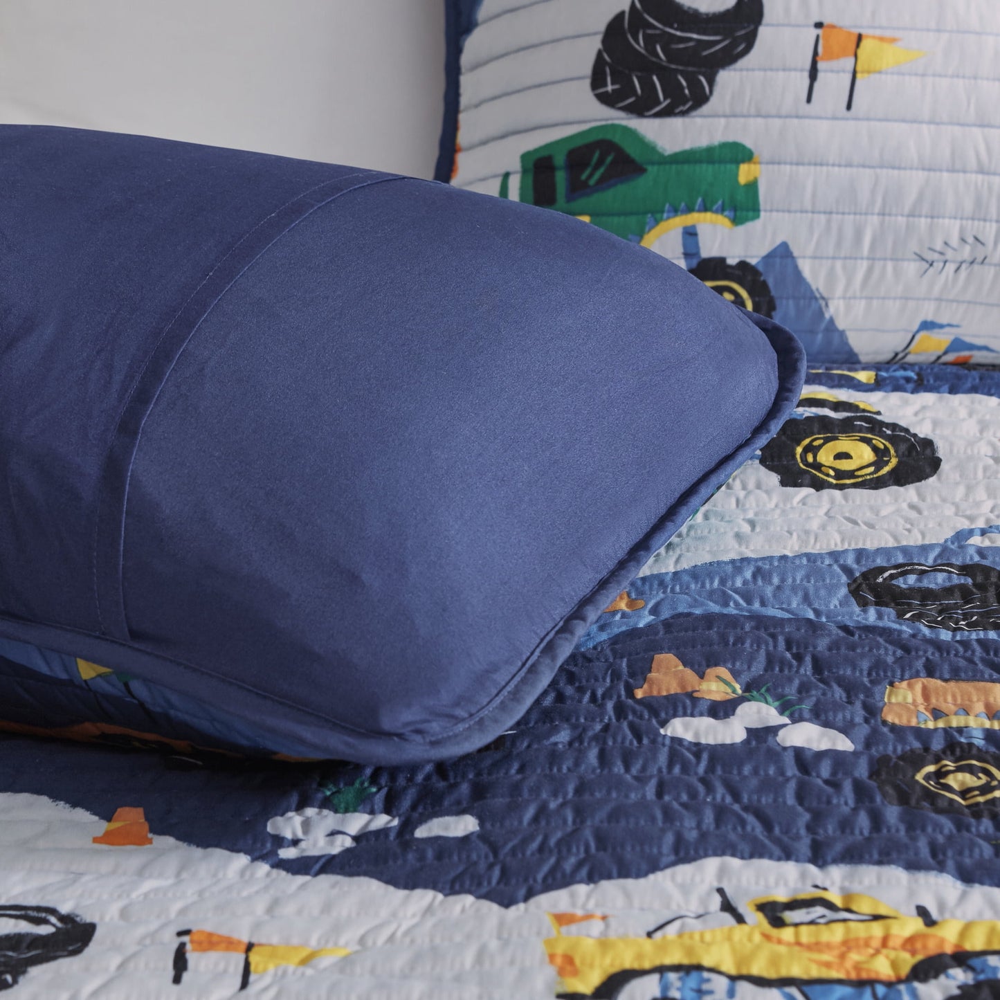 Quilt Set with Throw Pillow 3-Piece Blue Monster Truck Reversible Bedspread