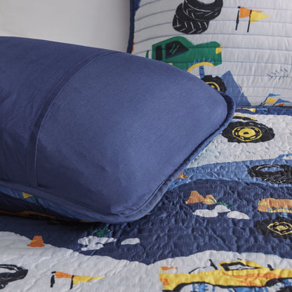 Quilt Set with Throw Pillow 3-Piece Blue Monster Truck Reversible Bedspread