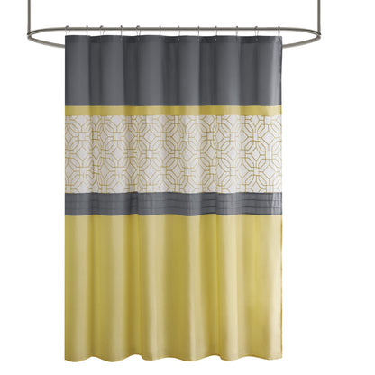 Embroidered Geometric Shower Curtain, Pintucked Pieced Pattern with Bold Color Blocking