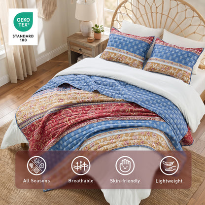 Boho Floral Reversible Patchwork Quilt Set with Pillowcases