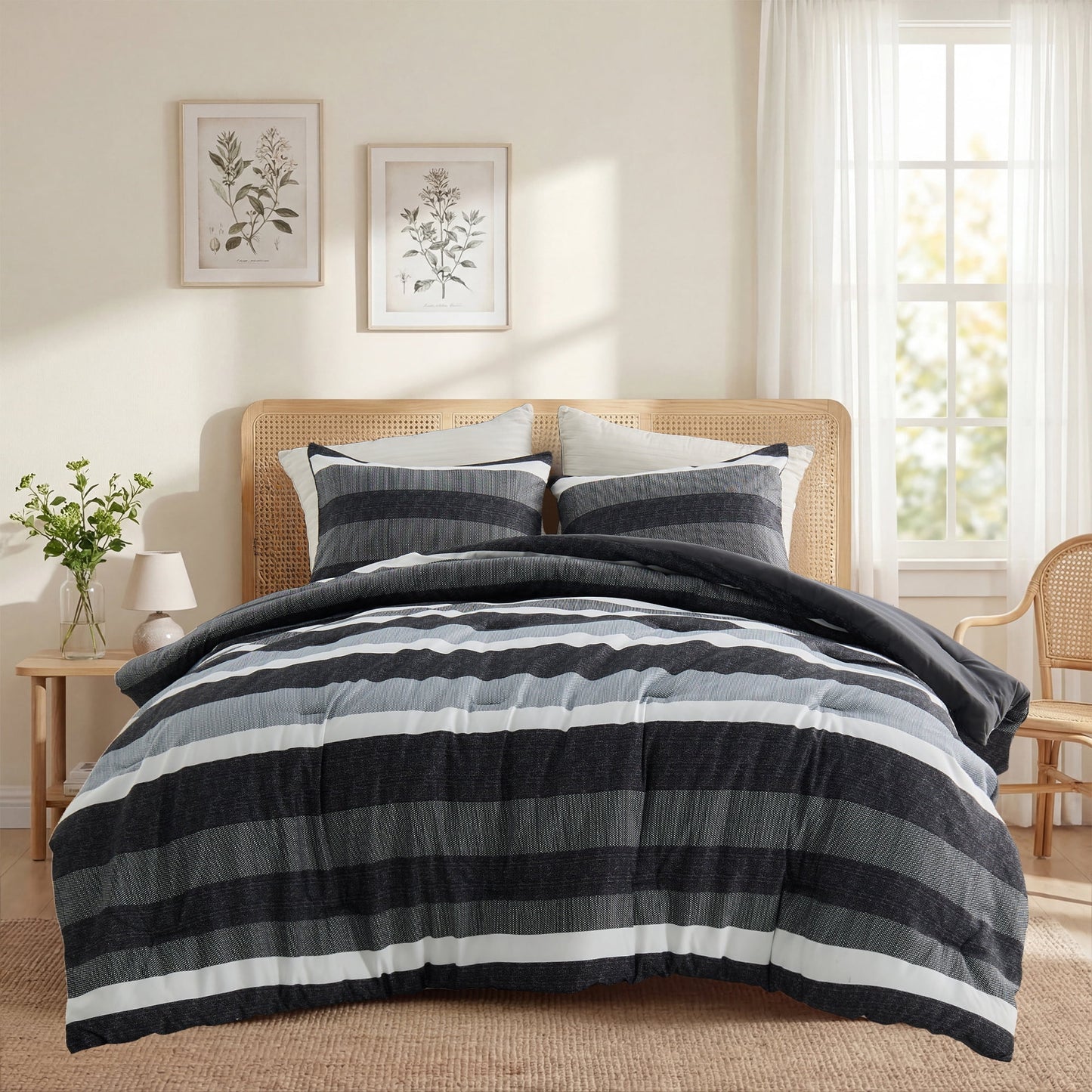 Reversible Striped Comforter Set for Dorm Bedding, Lightweight All Season Comforter Bed Set