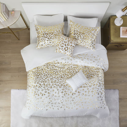 4 Piece Gold Metallic Leopard Printed Duvet Cover Set, Ivory/Gold, Twin/Twin-XL