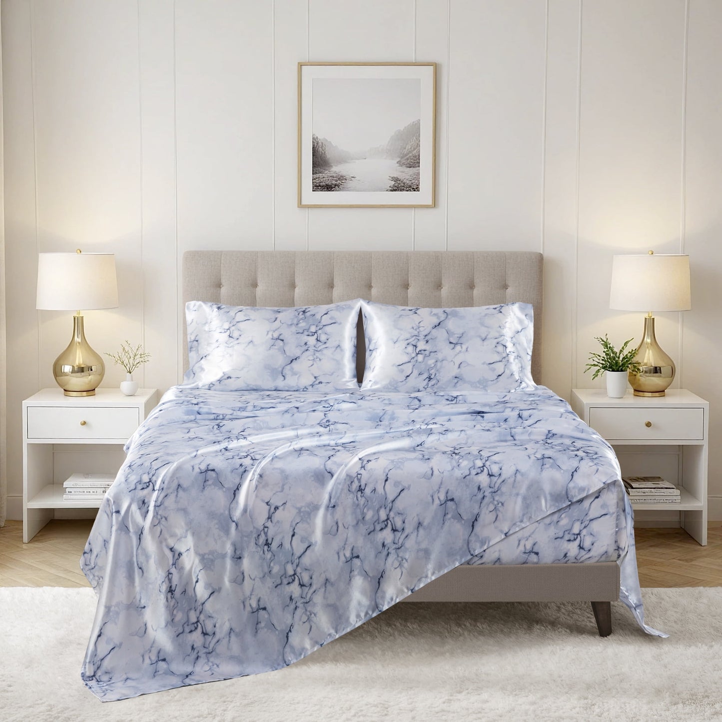 Printed Satin Bed Sheets, 3-Piece Luxury Silky Bedding Sets with Pillowcase