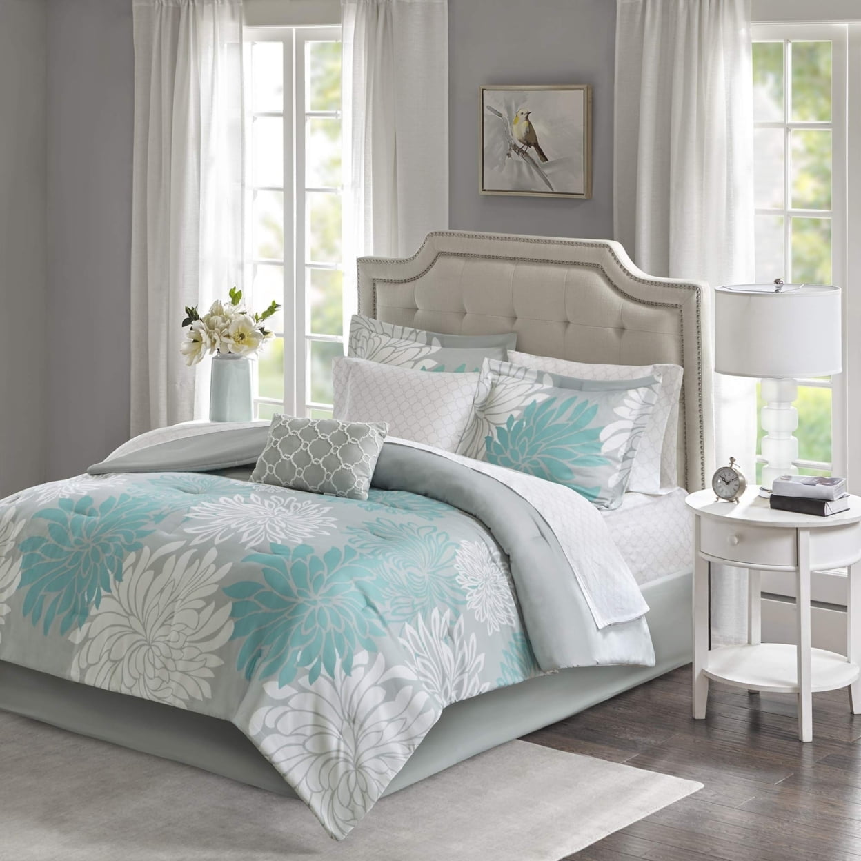 Aqua Printed Floral Comforter Set with 100% Cotton Bed Sheet