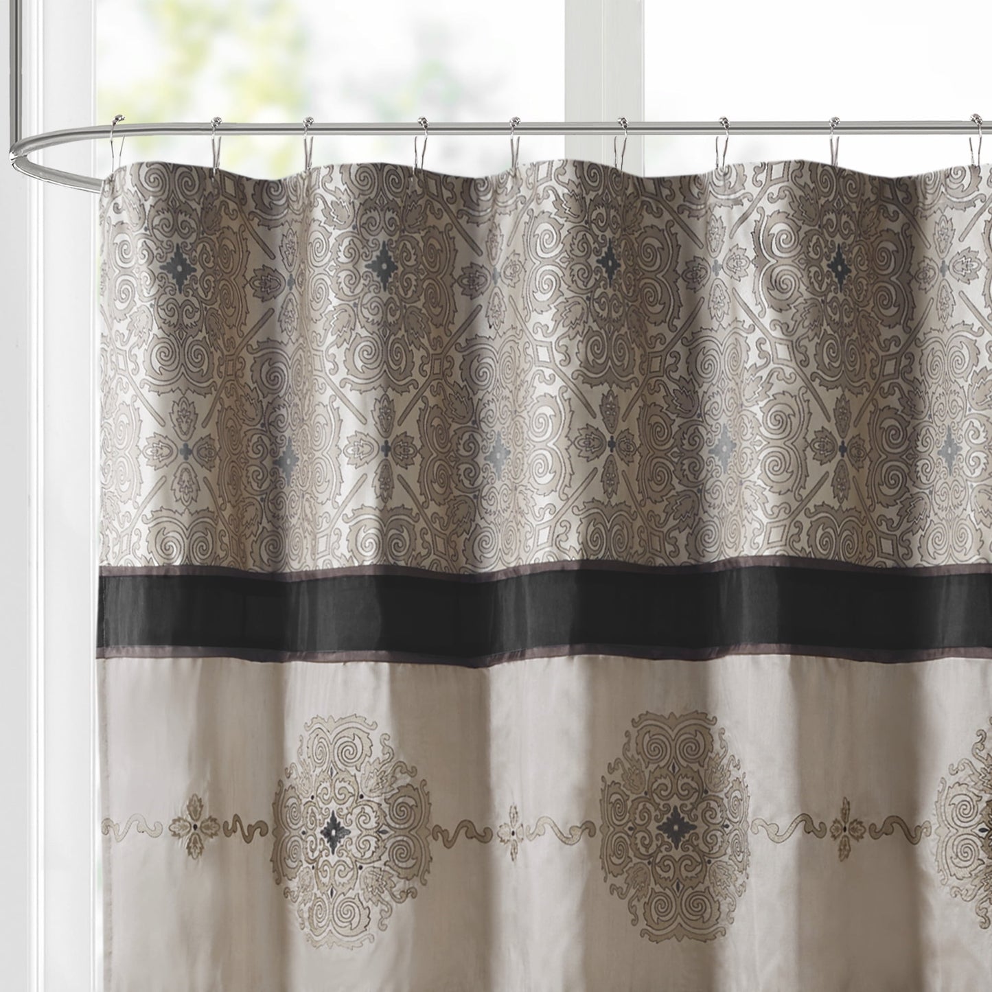 Traditional Embroidered Medallion Bathroom Shower Curtain with 12 Button Holes