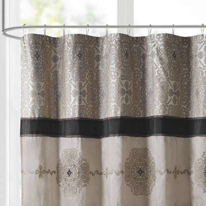 Traditional Embroidered Medallion Bathroom Shower Curtain with 12 Button Holes