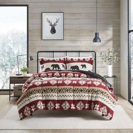 Printed Sherpa Comforter Set with Red and Black