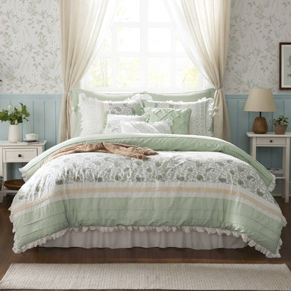 Cotton Comforter Set with Lace Taping Pintucked Printed Bed Bedding Set