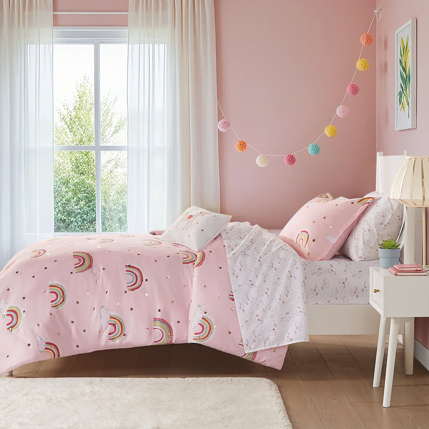 8-Piece Rainbow and Metallic Stars Girls Comforter Bedding Set with Bed Sheets