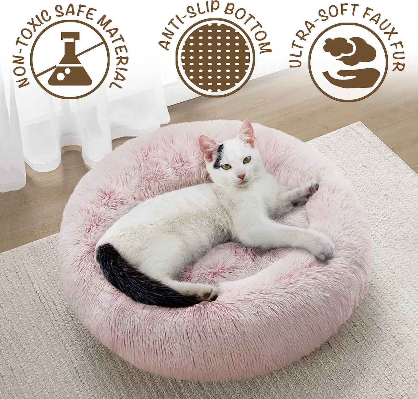 Donut Dog Bed Faux Fur Fluffy Calming Sofa For Small Dogs, Soft Plush Anti Anxiety Pet Couch For Dogs, Machine Washable Pet Bed with Non-Slip Bottom