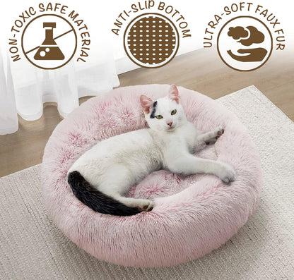 Donut Dog Bed Faux Fur Fluffy Calming Sofa For Small Dogs, Soft Plush Anti Anxiety Pet Couch For Dogs, Machine Washable Pet Bed with Non-Slip Bottom
