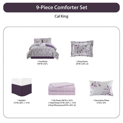 9-Piece Botanical Comforter Set, Cotton Bed in A Bag with Bedskirt,Purple