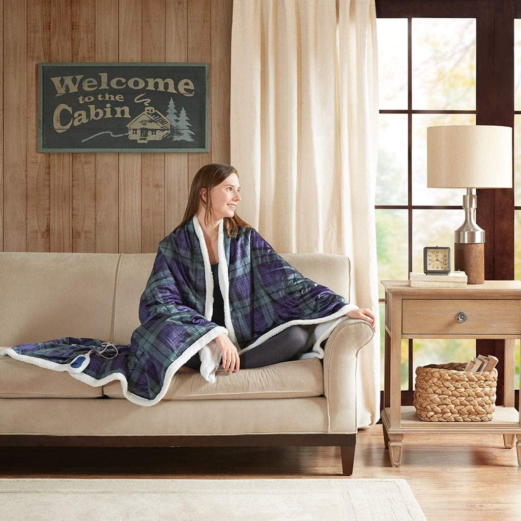 Oversized Mink to Berber Heated Throw, 60x70", Blue/Green
