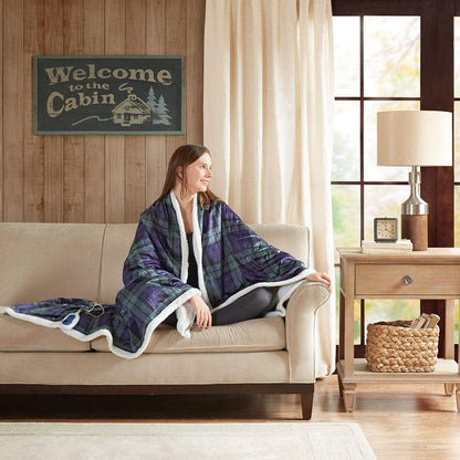 Oversized Mink to Berber Heated Throw, 60x70", Blue/Green