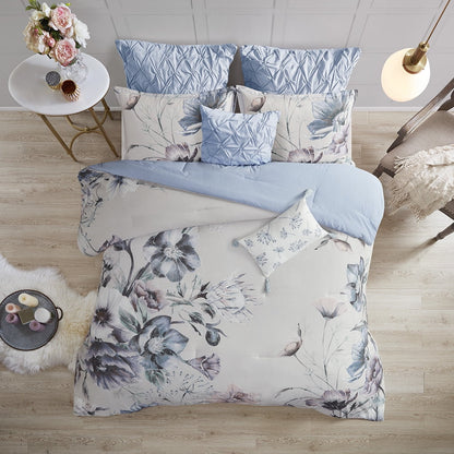 8 Piece Blue Floral Comforter Set, Cotton Comforter Bed in A Bag with Bedskirt