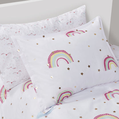 8-Piece Rainbow and Metallic Stars Girls Comforter Bedding Set with Bed Sheets