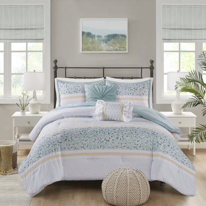 Floral Botanical Printed Seersucker Comforter Set with Throw Pillows
