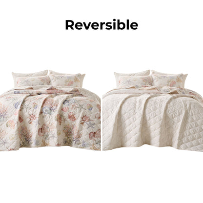 Coastal Quilt Set with Shams, Beach Themed Starfish & Seaweed Print Bedspread Coverlet