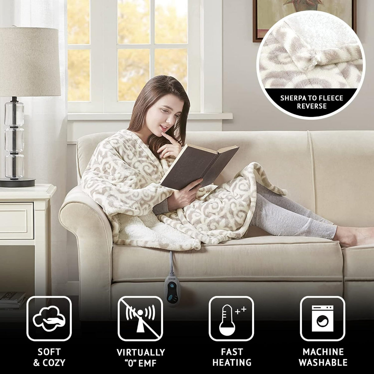 Heated Berber Wrap Damask Sherpa Snuggle Electric Throw Blanket