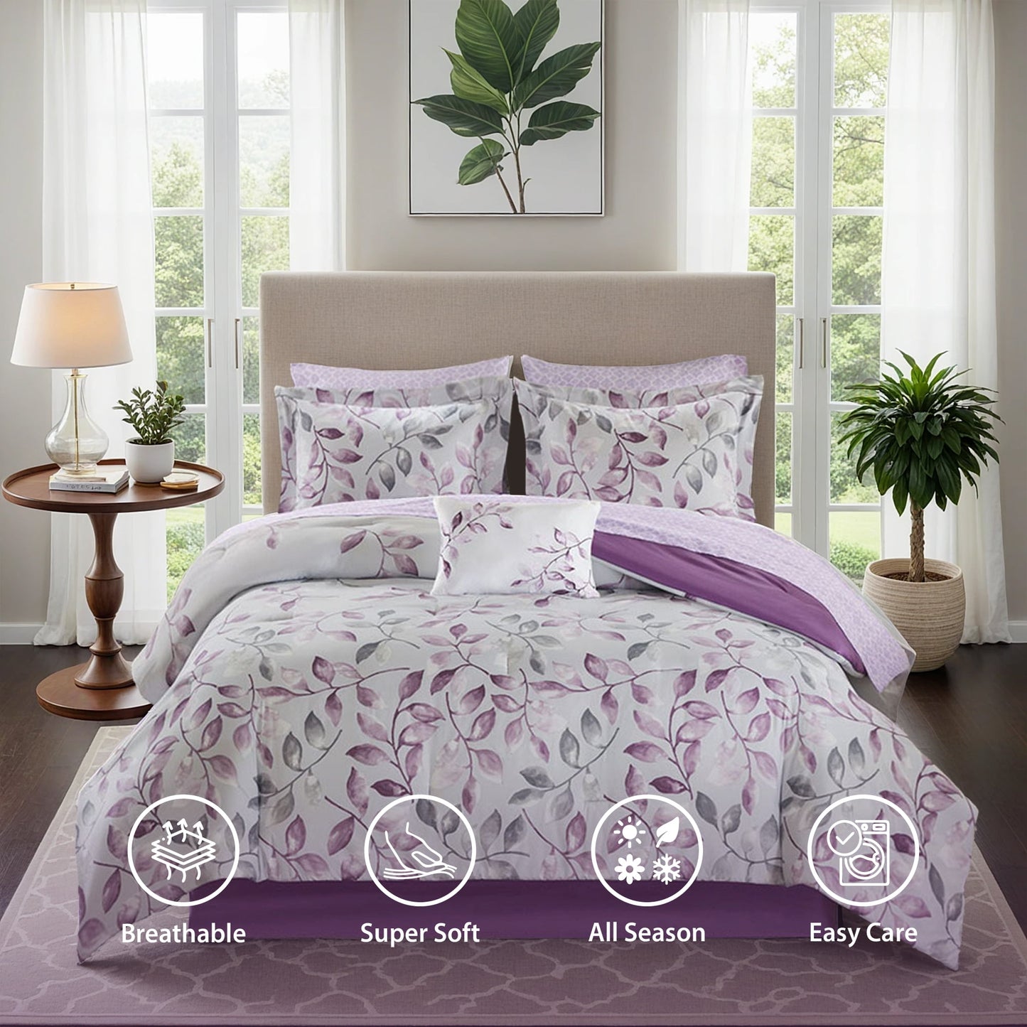 9-Piece Botanical Comforter Set, Cotton Bed in A Bag with Bedskirt,Purple