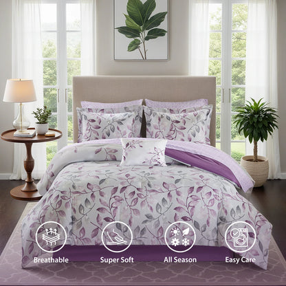9-Piece Botanical Comforter Set, Cotton Bed in A Bag with Bedskirt,Purple