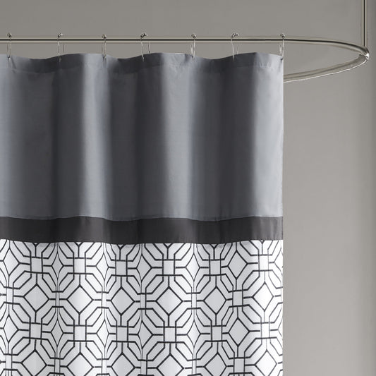 Embroidered Geometric Shower Curtain, Pintucked Pieced Pattern with Bold Color Blocking