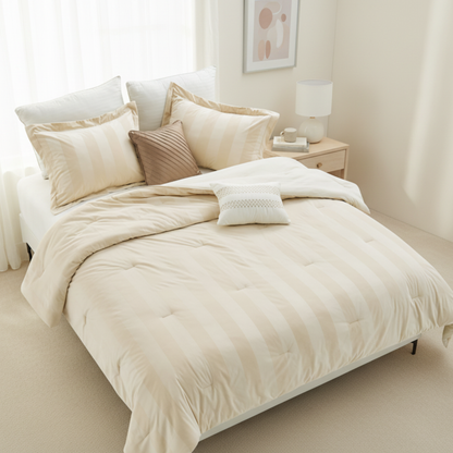 Velvet Woven Striped Reversible Comforter Set with Decorative Pillows and Shams