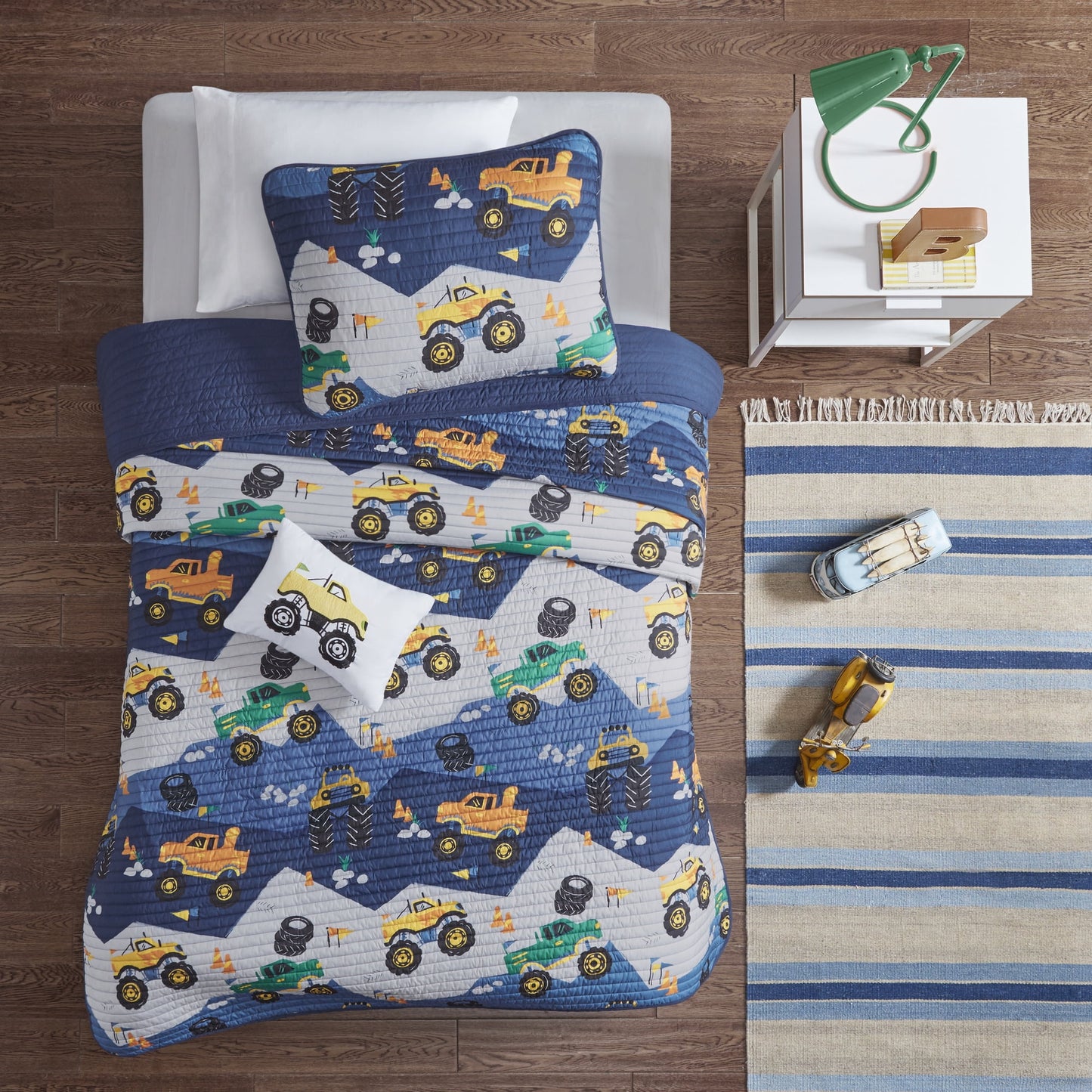 Quilt Set with Throw Pillow 3-Piece Blue Monster Truck Reversible Bedspread
