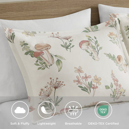 4 Piece Mushroom Garden Printed Bedding Set, Green Floral Comforter Set