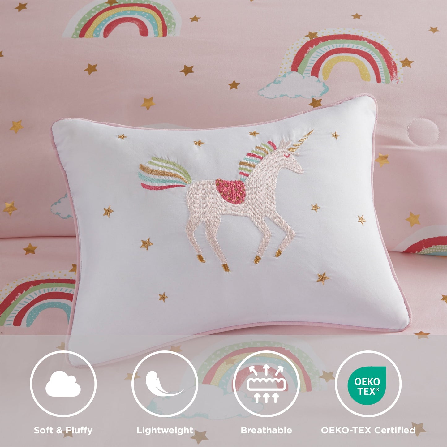 8-Piece Rainbow and Metallic Stars Girls Comforter Bedding Set with Bed Sheets