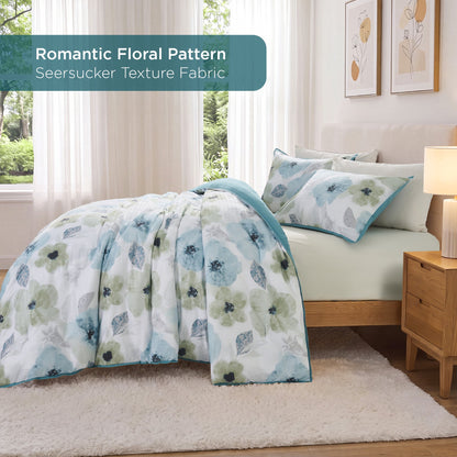 Reversible Floral Bedding Set, Cozy Botanical Flowers Seersucker Comforter Bed Set with Sheets and Pillowcases