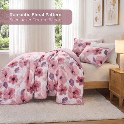 Reversible Floral Bedding Set, Cozy Botanical Flowers Seersucker Comforter Bed Set with Sheets and Pillowcases