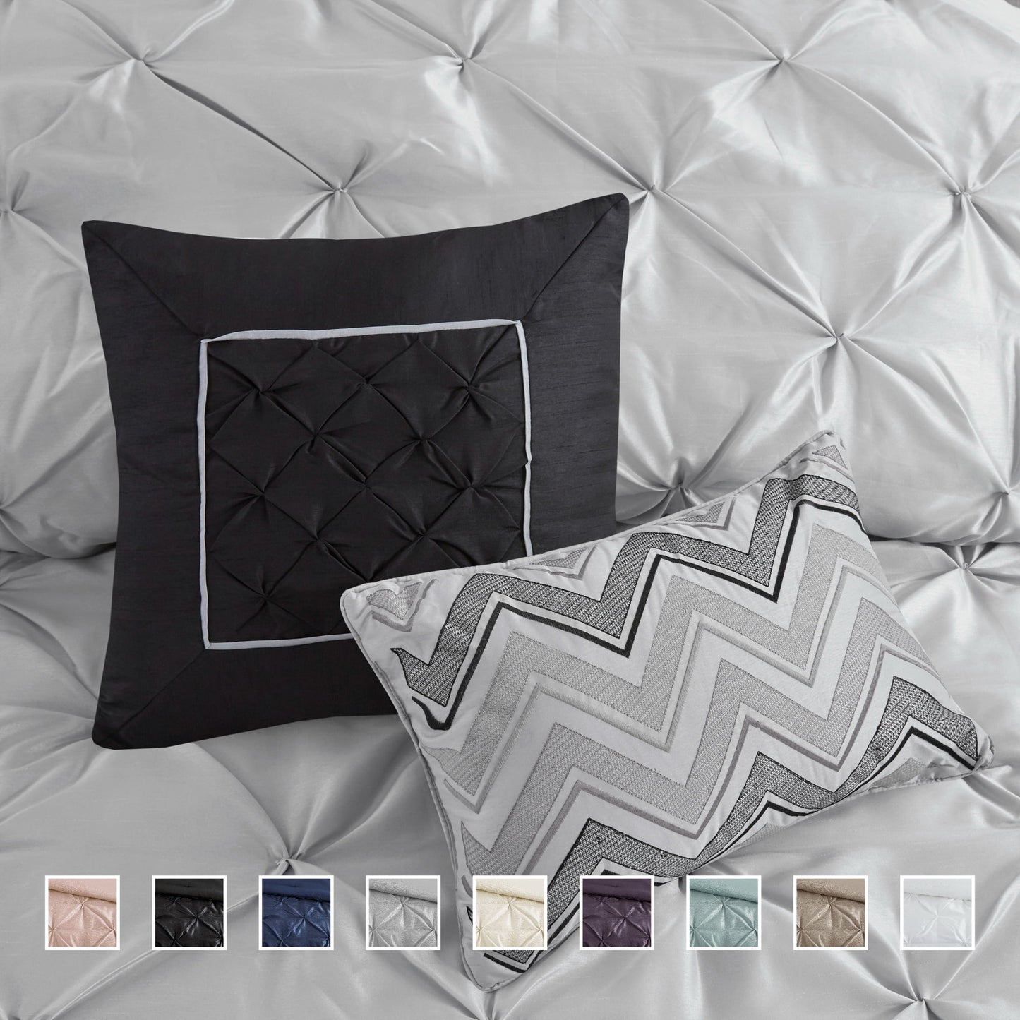 Tufted Pintuk Bed in a Bag Bed Set, Satin Luxury Grey Comforter Bedding Set with Decor Pillow