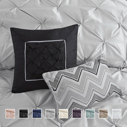 Tufted Pintuk Bed in a Bag Bed Set, Satin Luxury Grey Comforter Bedding Set with Decor Pillow