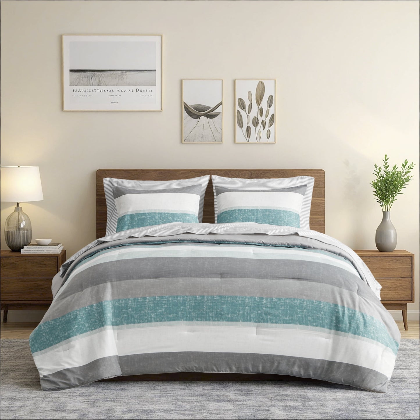 Stripe Comforter Set Bed in a Bag Bedding Set for Dorm Room, Comforter Bed Set with Flat Sheet and Fitted Sheet