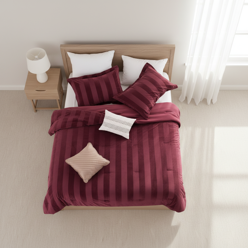 Velvet Woven Striped Reversible Comforter Set with Decorative Pillows and Shams