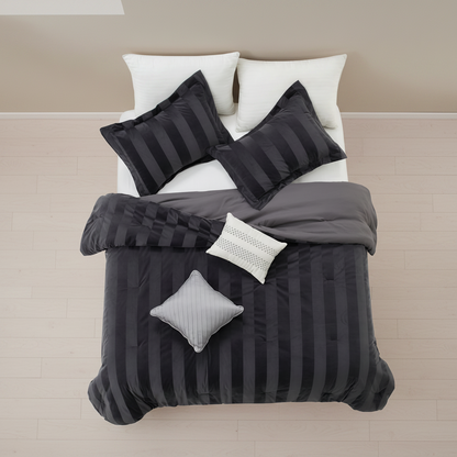 Velvet Woven Striped Reversible Comforter Set with Decorative Pillows and Shams