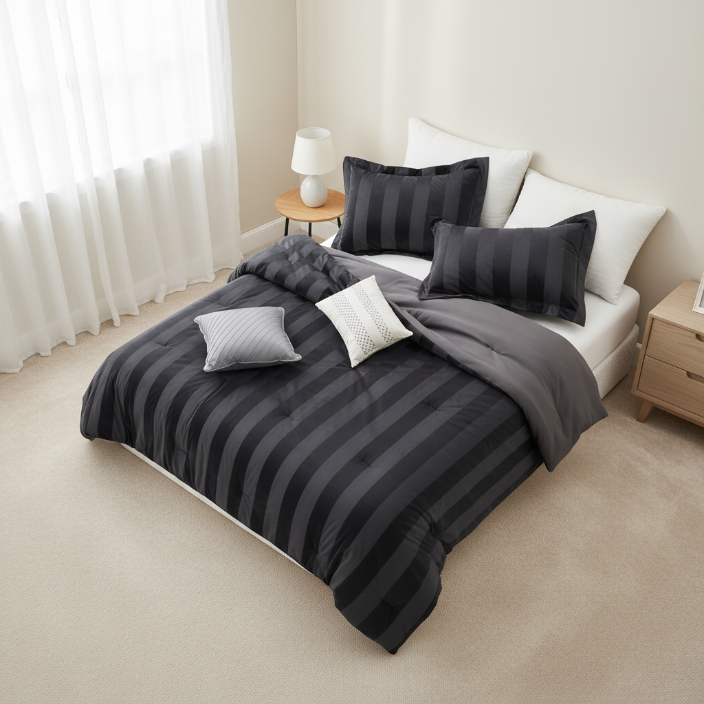 Velvet Woven Striped Reversible Comforter Set with Decorative Pillows and Shams