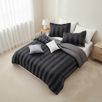 Velvet Woven Striped Reversible Comforter Set with Decorative Pillows and Shams