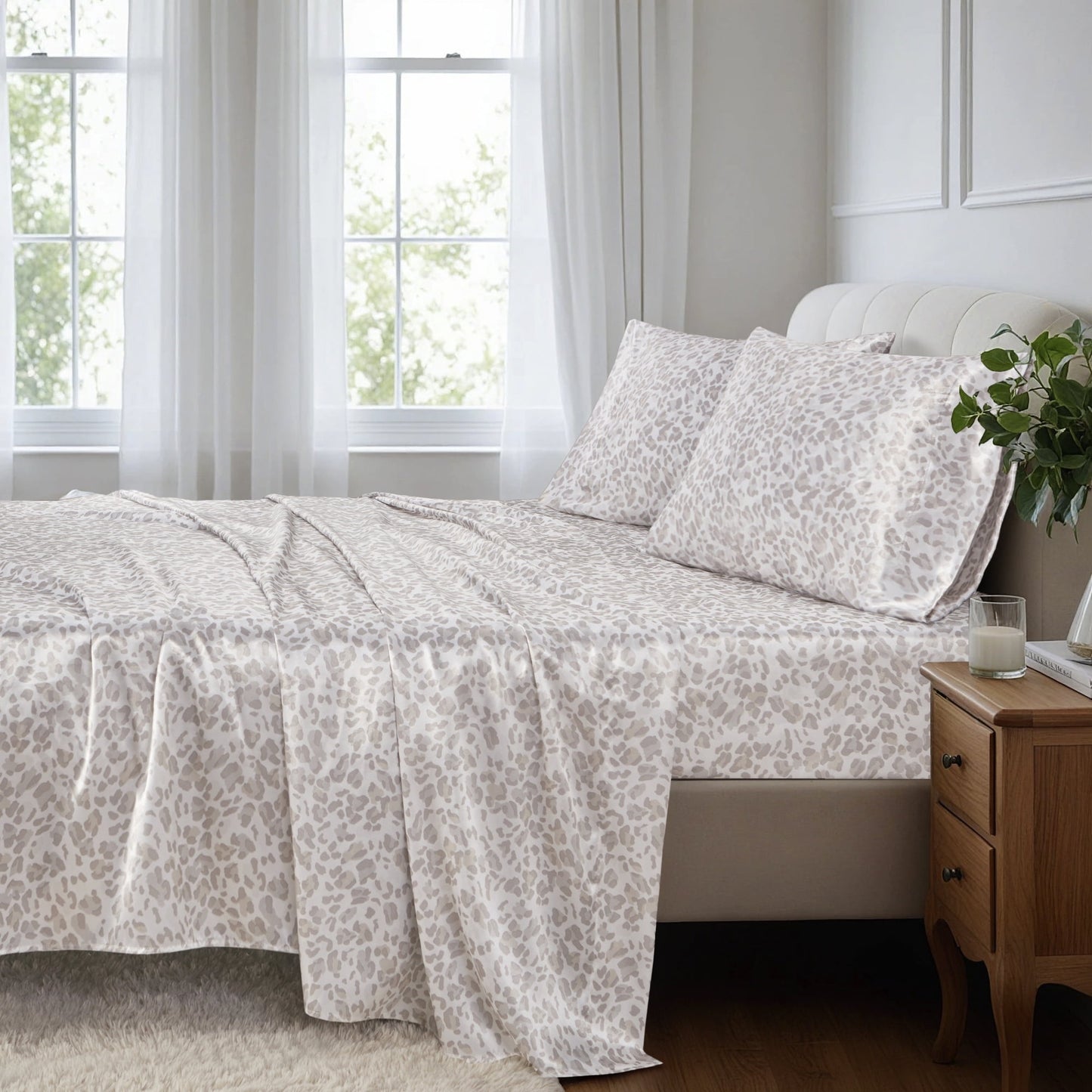 Printed Satin Bed Sheets, 3-Piece Luxury Silky Bedding Sets with Pillowcase
