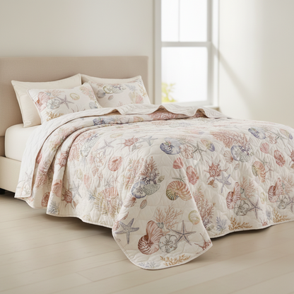 Coastal Quilt Set with Shams, Beach Themed Starfish & Seaweed Print Bedspread Coverlet