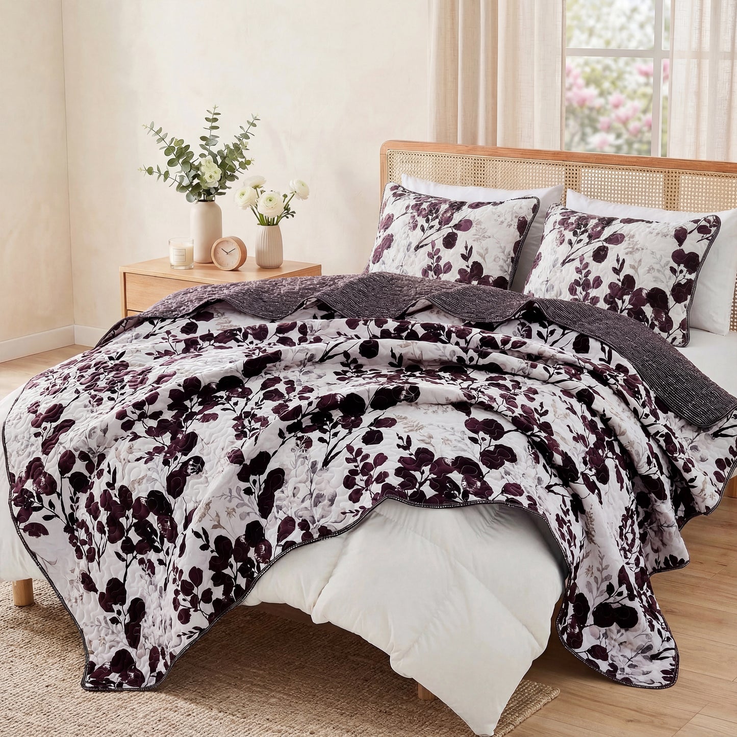 Floral Botanical Garden Style Quilt Bedspread with Sham