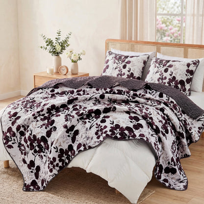 Floral Botanical Garden Style Quilt Bedspread with Sham