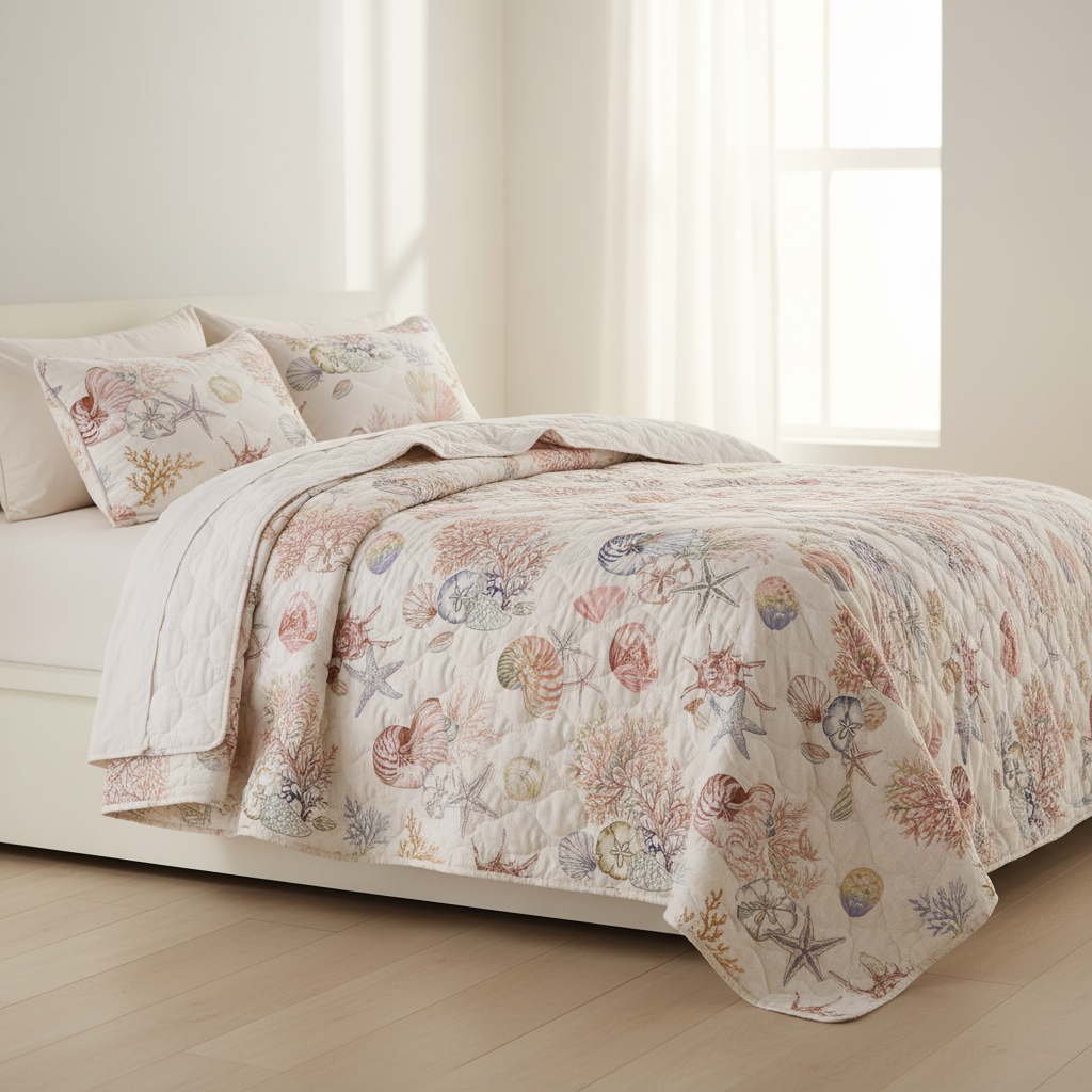 Coastal Quilt Set with Shams, Beach Themed Starfish & Seaweed Print Bedspread Coverlet