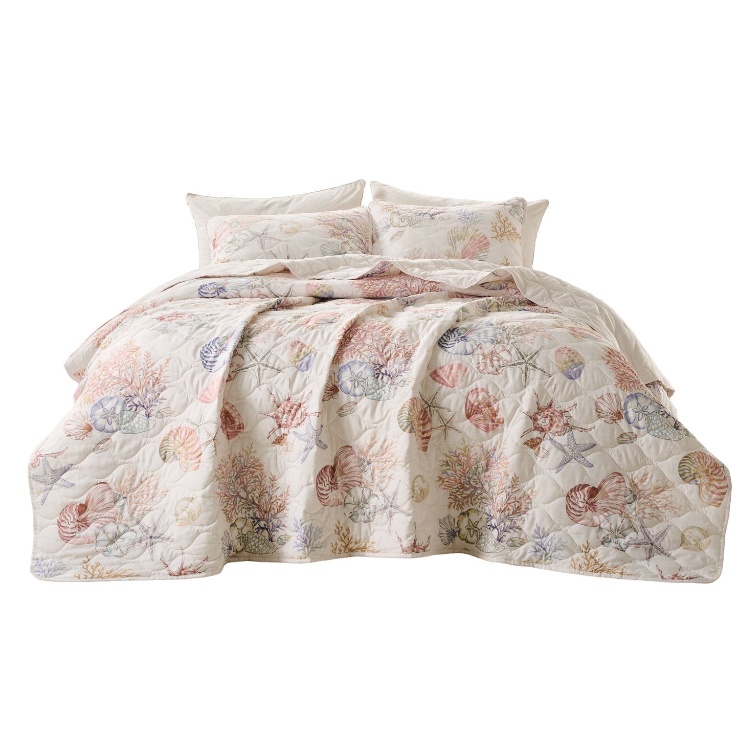 Coastal Quilt Set with Shams, Beach Themed Starfish & Seaweed Print Bedspread Coverlet