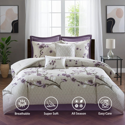 8 Piece Floral Comforter Set, Cotton Comforter Bed in A Bag with Bedskirt, Purple/Taupe
