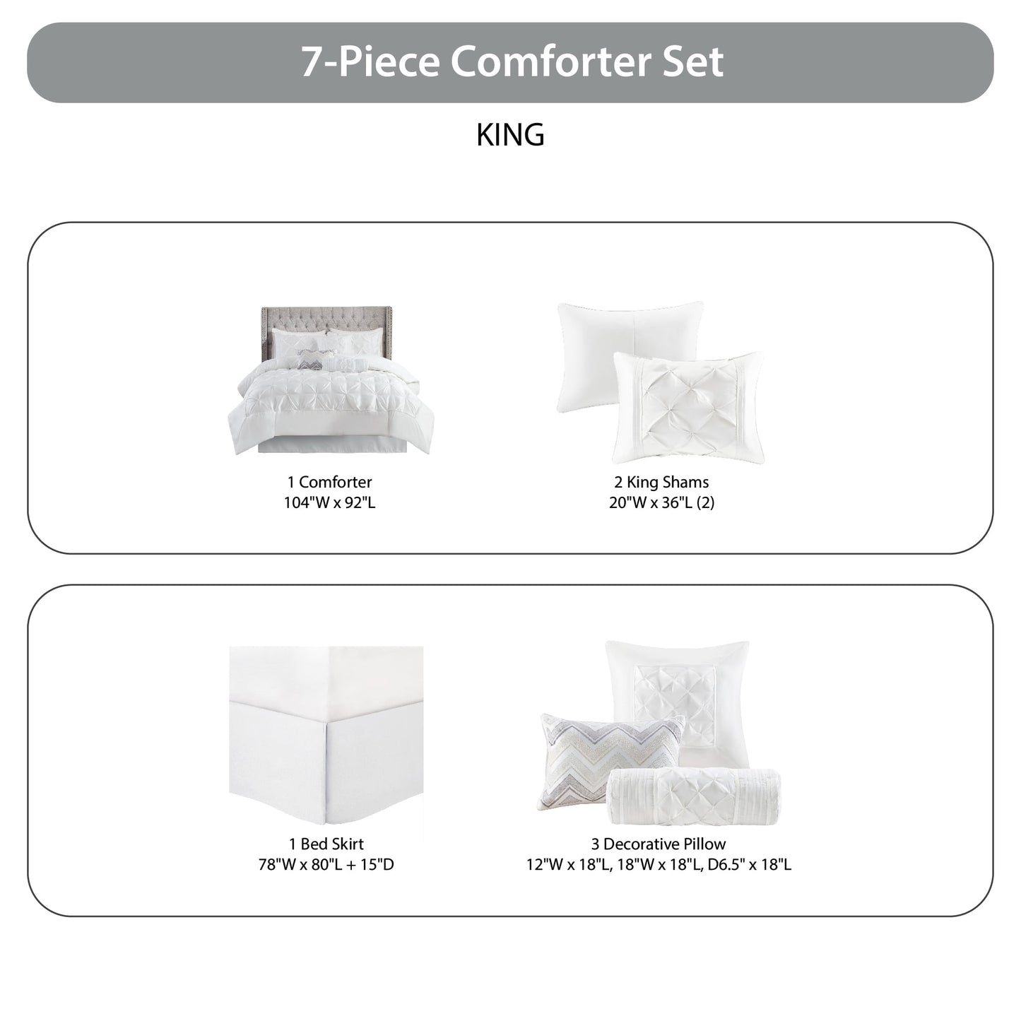 Tufted Pintuk Bed in a Bag Bed Set, Satin Luxury Grey Comforter Bedding Set with Decor Pillow