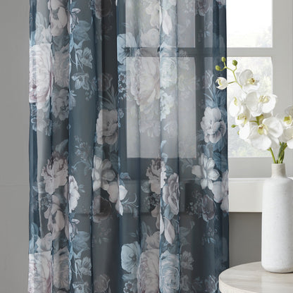 Printed Floral Rod Pocket and Back Tab Voile Sheer, Navy
