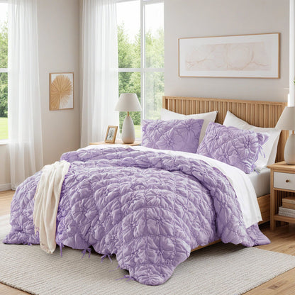 Floral Puffy Bow Tie Bedding Set, Comforter Set with Sham